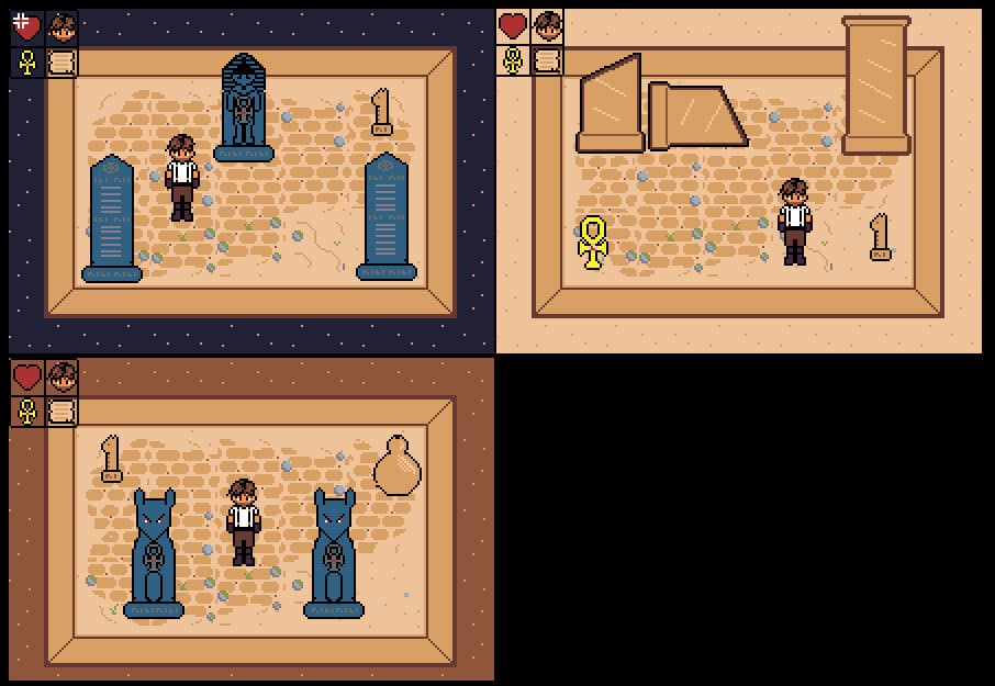 Example scenes created using custom 2D Pixelart Egyptian themed tileset.