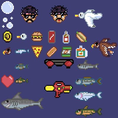 Pixel art characters and UI from PixelJam 2024