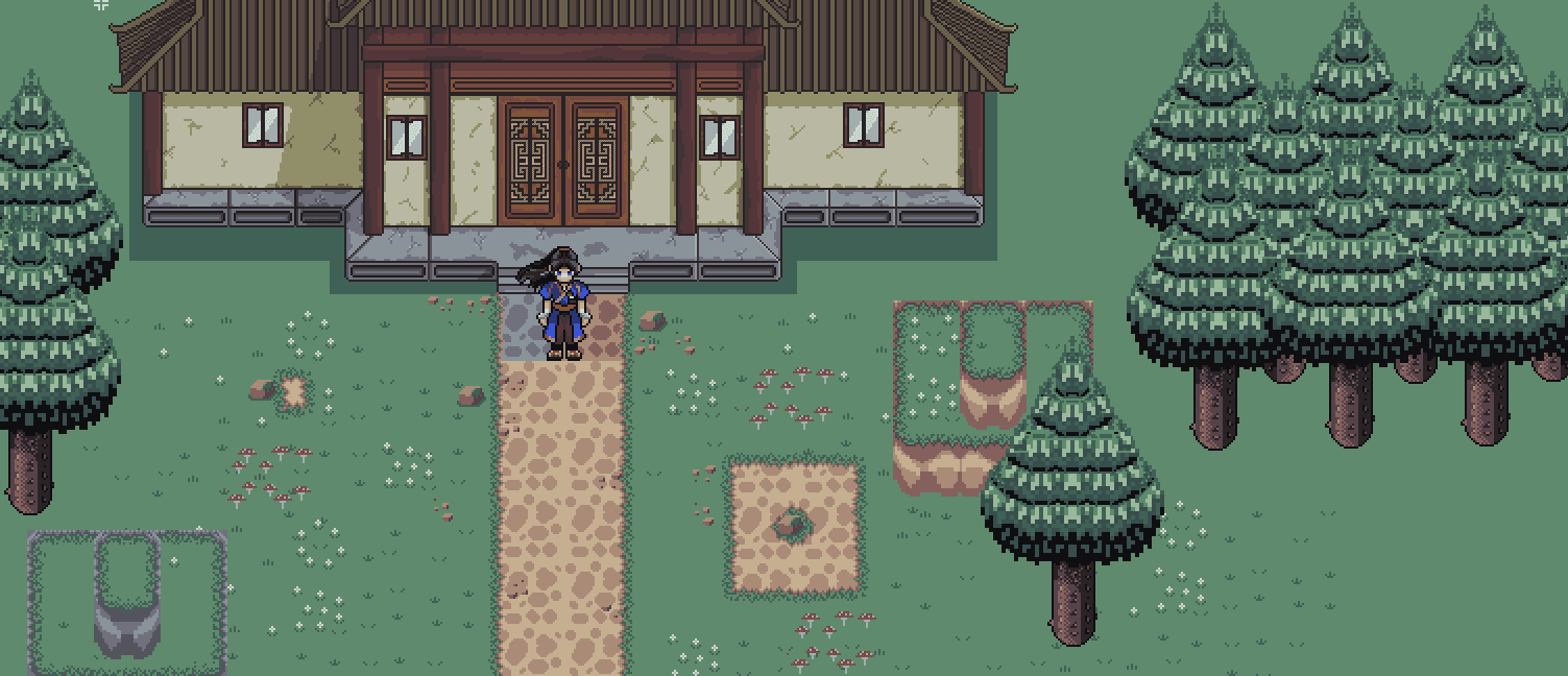 A concept scene for the game using pixel art tileset I created