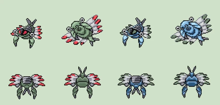 Custom 'Anorith' Pokémon front/back character sprite with alternative shiny colour palette.