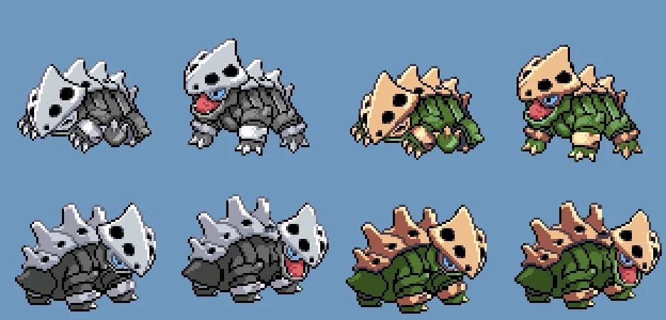 Custom 'Lairon' Pokémon front/back character sprite with alternative shiny colour palette.