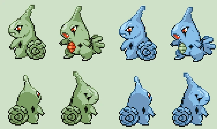 Custom 'Larvitar' Pokémon front/back character sprite with alternative shiny colour palette.