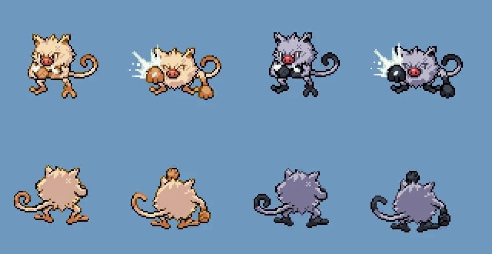 Custom 'Mankey' Pokémon front/back character sprite with alternative shiny colour palette.