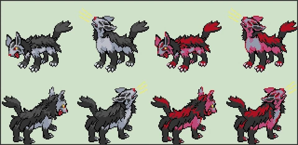 Custom 'Mightyena' Pokémon front/back character sprite with alternative shiny colour palette.