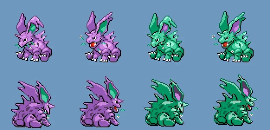 Custom 'Nidorino' Pokémon front/back character sprite with alternative shiny colour palette.