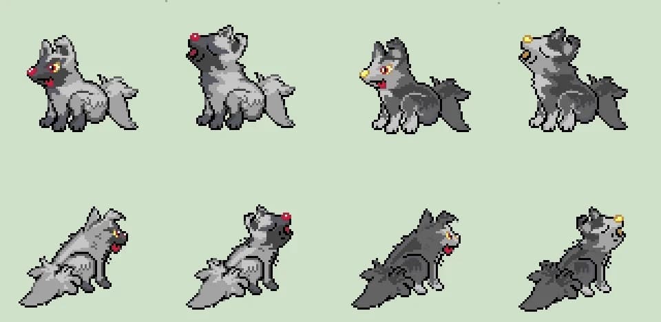 Custom 'Poochyena' Pokémon front/back character sprite with alternative shiny colour palette.