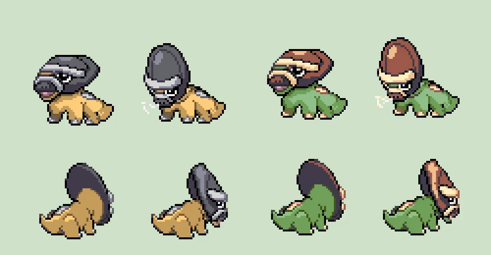 Custom 'Shieldon' Pokémon front/back character sprite with alternative shiny colour palette.