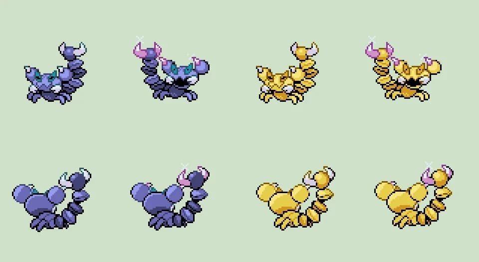 Custom 'Skorupi' Pokémon front/back character sprite with alternative shiny colour palette.