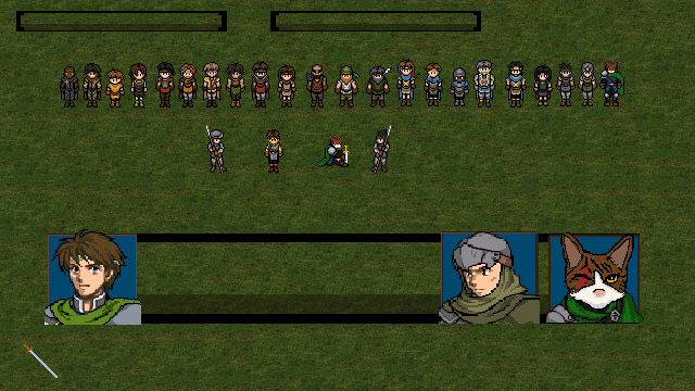 A concept scene for the game showing a host of characters, UI elements and character portraits.